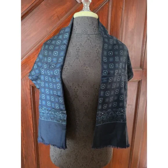 Vintage Cisco Blue Silk & Cashmere Wool Reversible Scarf - Picture 1 of 4